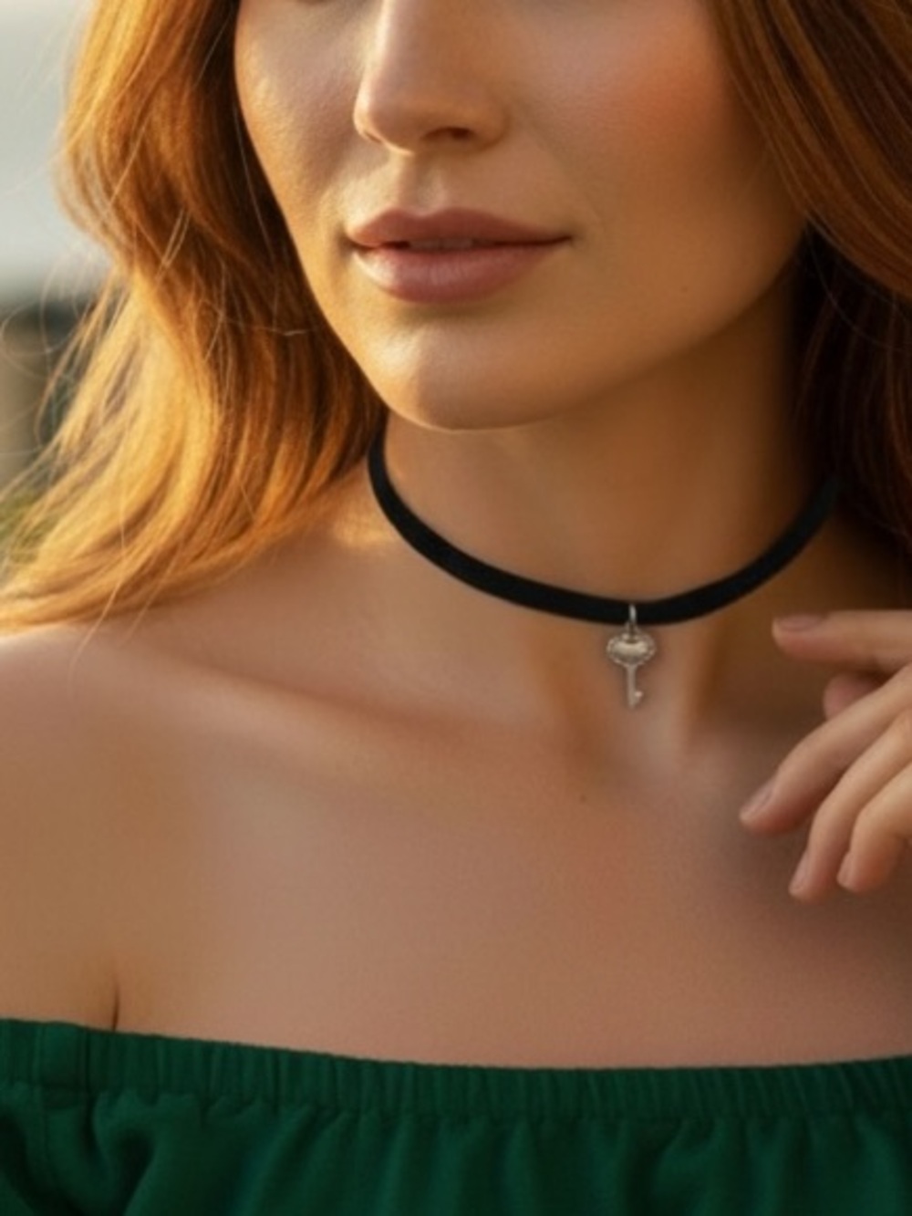 Black Choker Necklace with silver Key Charm